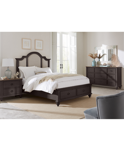 Macy's Mandeville 3pc Bedroom Set (upholstered California King Storage Bed + Dresser + 1-drawer Nightstand) In White