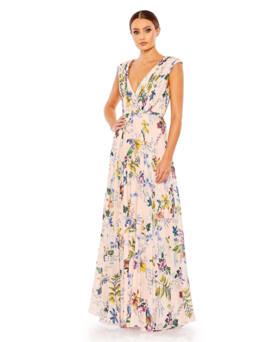 Shop Mac Duggal Women's Pleated Floral Cap Sleeve A Line Gown In Pink Multi