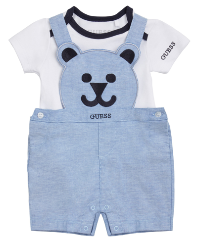 Shop Guess Baby Boys Bear Logo Shortall With Short Sleeve Bodysuit, 2 Piece Set In Blue