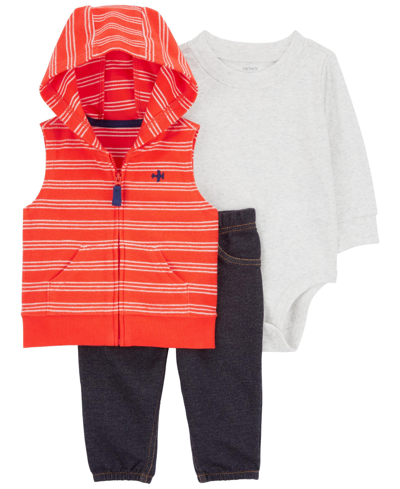 Shop Carter's Baby Boys Striped Little Jacket, Bodysuit And Pants, 3 Piece Set In Orange