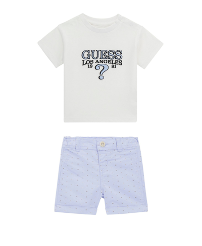 Shop Guess Baby Boys Short Sleeve With Embroidered Logo And Stretch Printed Woven Shorts Set In White