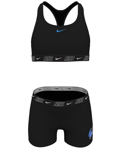 Shop Nike Big Girls Logo Tape Racerback Top And Swim Shorts, 2 Piece Set In Black