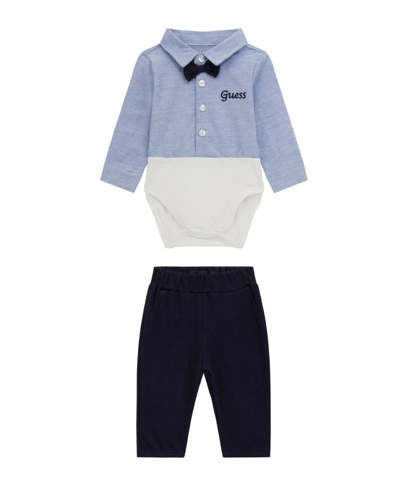 Shop Guess Baby Boys Long Sleeve Oxford Stretch Woven Bodysuit And Knit Bottom, 2 Piece Set In Blue