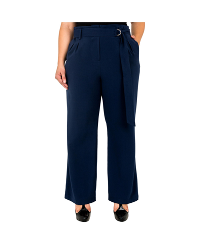 Shop Standards & Practices Women's Plus Size Belted Straight Leg Paper Bag Pants In Navy Blue