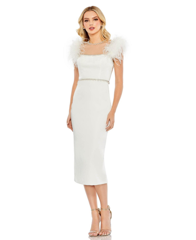 Shop Mac Duggal Women's Feather Cap Sleeve Pearl Embellished T-length Fit Dress In White