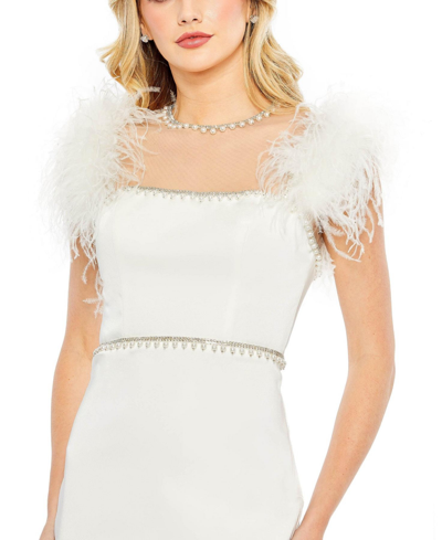 Shop Mac Duggal Women's Feather Cap Sleeve Pearl Embellished T-length Fit Dress In White