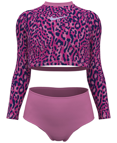 Shop Nike Big Girls Wild Long Sleeve Crop Top And High-waist Swim Bottoms, 2 Piece Set In Fierce Pink