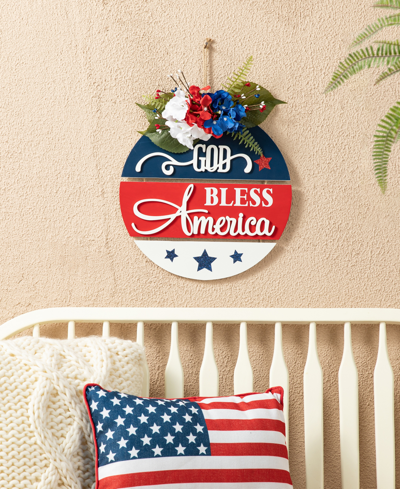 Glitzhome 14" D Patriotic, Americana Wooden Round Sign Door Hanger In Multi