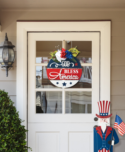 Glitzhome 14" D Patriotic, Americana Wooden Round Sign Door Hanger In Multi