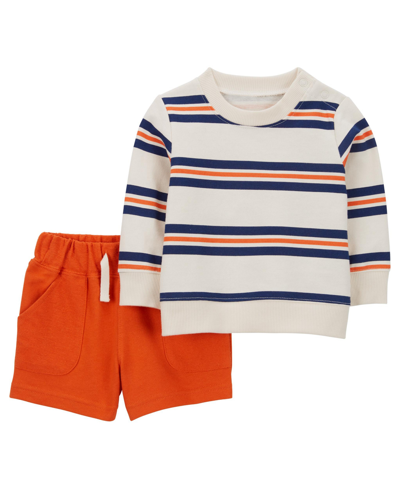 Shop Carter's Baby Boys Striped Sweatshirt And Short, 2 Piece Set In Orange
