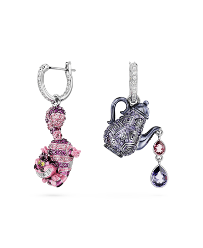 Swarovski Asymmetrical Design, Cat And Teapot, Multicolored, Rhodium Plated Alice In Wonderland Drop Earrings In Multicolored