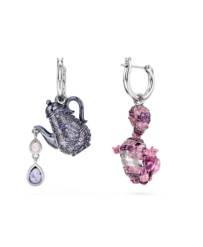 Swarovski Asymmetrical Design, Cat And Teapot, Multicolored, Rhodium Plated Alice In Wonderland Drop Earrings In Multicolored