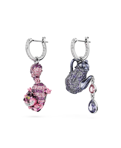 Swarovski Asymmetrical Design, Cat And Teapot, Multicolored, Rhodium Plated Alice In Wonderland Drop Earrings In Multicolored
