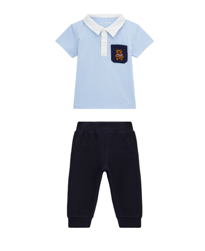 Shop Guess Baby Boys Short Sleeve Polo Shirt With A Textured Knit Pull-on Pants, 2 Piece Set In Blue