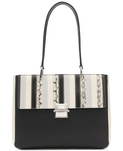 Shop Calvin Klein Clove Mixed Material Push-lock Triple Compartment Tote Bag In Black,white Snake