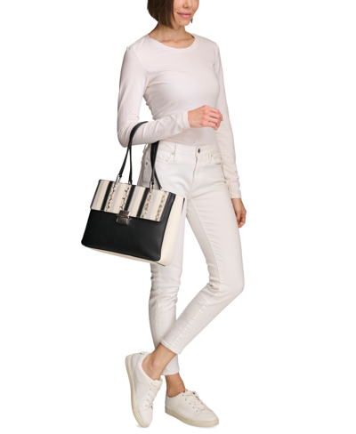 Calvin Klein Clove Mixed Material Push-lock Triple Compartment Tote Bag In Black,white Snake