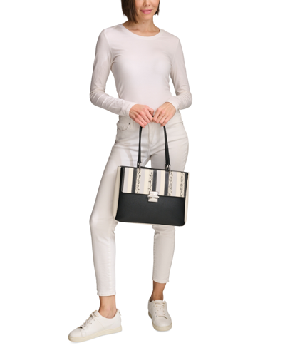 Shop Calvin Klein Clove Mixed Material Push-lock Triple Compartment Tote Bag In Black,white Snake