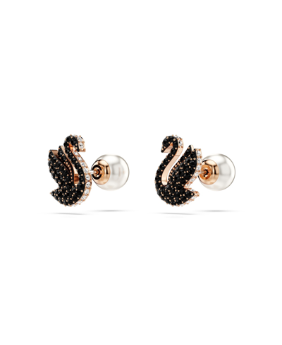 Swarovski Swan Pearl Back Stud Earrings In Black