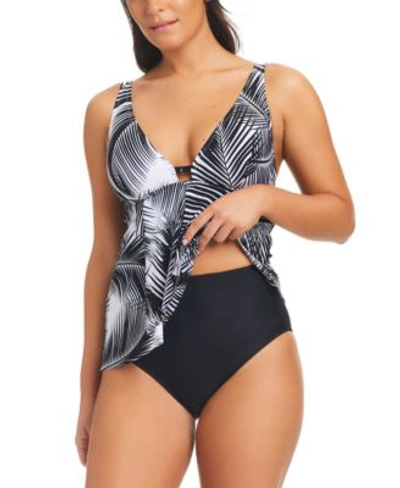 Beyond Control Womens Giving Attitude Tropical Print Tankini Top High Waist Bottoms In Black,white