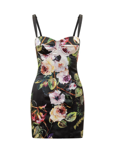 Shop Dolce & Gabbana Rose Garden Printed Short Satin Corset Dress In Multi