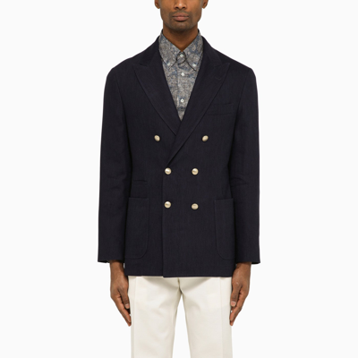 Shop Brunello Cucinelli Navy Blue Double Breasted Jacket In Linen And Wool