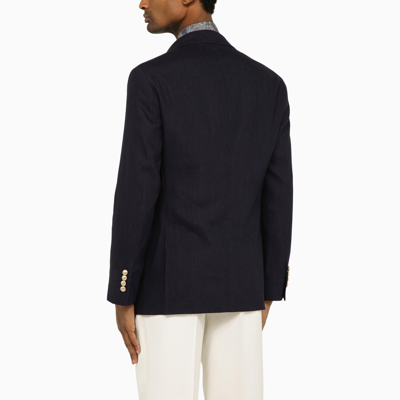 Shop Brunello Cucinelli Navy Blue Double Breasted Jacket In Linen And Wool