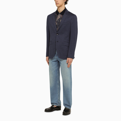 Shop Etro Blue Jacquard Single Breasted Jacket
