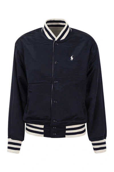 Shop Polo Ralph Lauren Double-sided Bomber Jacket With Rl Logo In White/blue