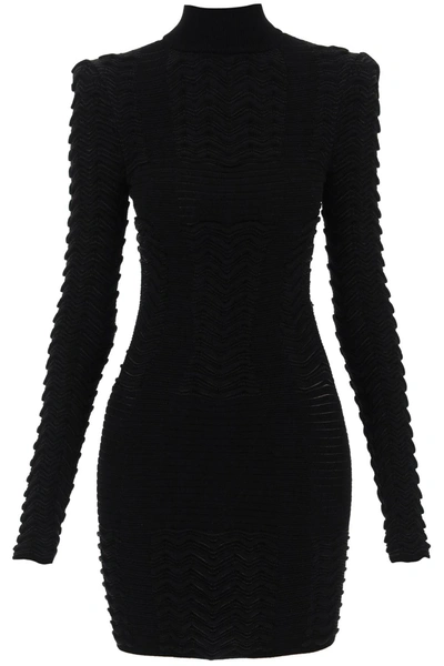 Shop Balmain Turtleneck Mini Dress In Texturized Knit Women In Black