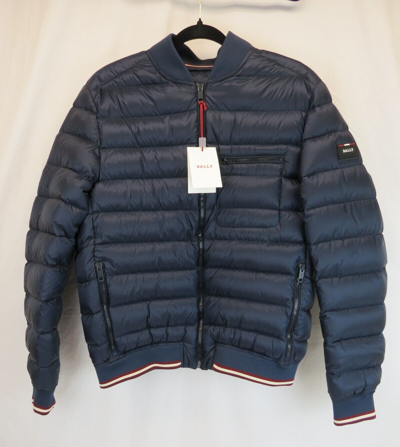 Pre-owned Bally $850  Navy Nylon Red White Web Logo Down Puffer Jacket Bomber 54 Us 44