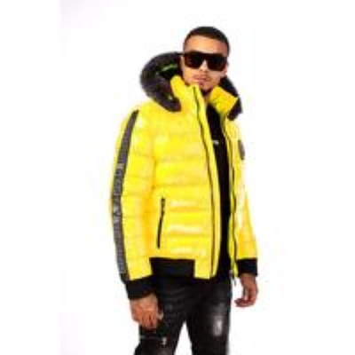 Pre-owned George Avenue  V Paris Puffer Jacket Yellow Rhinestone High Fur On Hood L Xl 2l 3