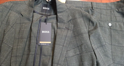 Pre-owned Hugo Boss $895 - Boss Slim Fit 2-piece Suit In Wool Linen Blend Italian Fabric - Size 40r In Green