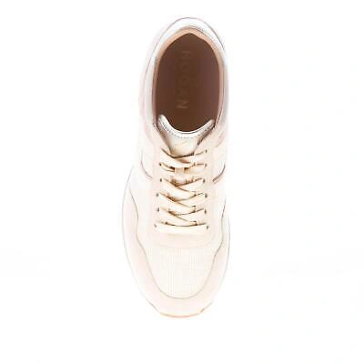 Pre-owned Hogan Women Shoes H483 (h222 Midi Platform) Beige Suede And Lurex Fabric Sneaker