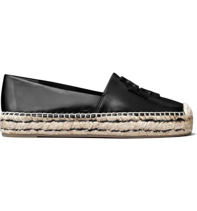 Pre-owned Tory Burch Ines Platform Espadrille Leather Flat Black Us 8 Authentic