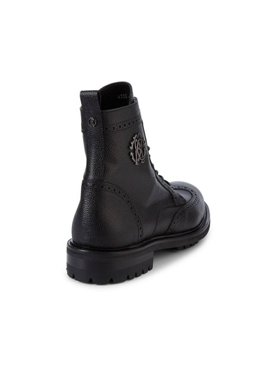 Pre-owned Roberto Cavalli Black Grained Leather Logo Brogue Combat Boots 44.5 /11.5 Italy
