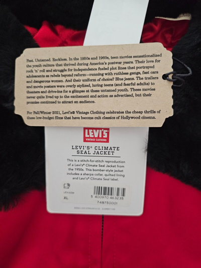 Pre-owned Levi's 495$ Lvc  Vintage Clothing Climate Seal Jacket Size Xl Fw21 Repro In Red