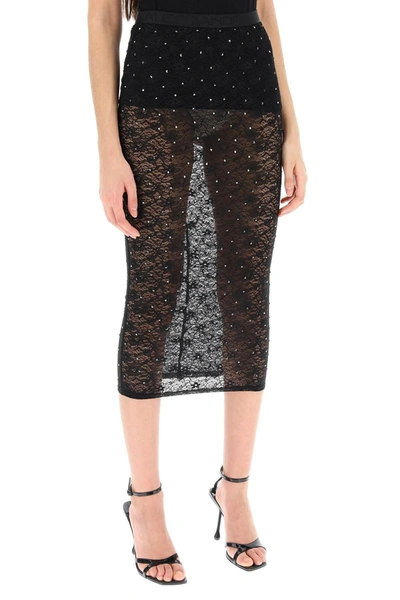 Shop Alessandra Rich Midi Skirt In Lace With Rhinestones