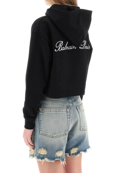 Shop Balmain Cropped Hoodie With Logo Embroidery