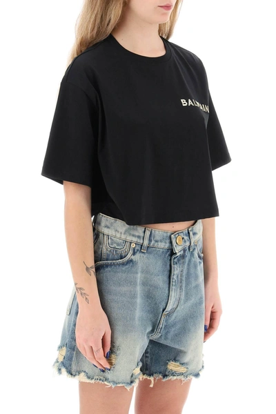 Shop Balmain Cropped T Shirt With Metallic Logo