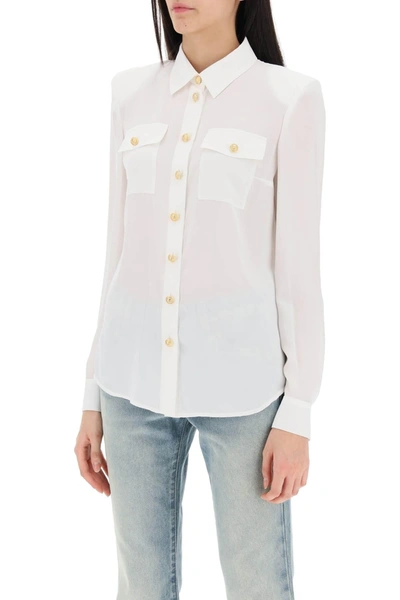 Shop Balmain Silk Shirt With Padded Shoulders