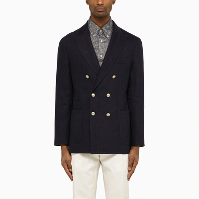 Shop Brunello Cucinelli Navy Blue Double Breasted Jacket In Linen And Wool