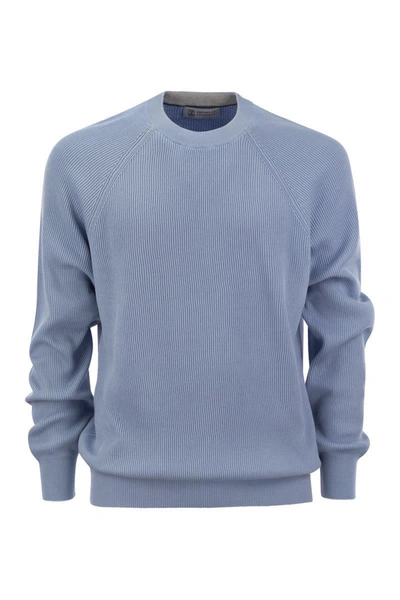 Shop Brunello Cucinelli Cotton Rib Sweater With Raglan Sleeve In Turquoise