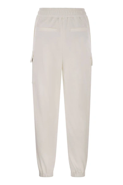 Shop Brunello Cucinelli Smooth Cotton Fleece Cargo Pants With Monile In White