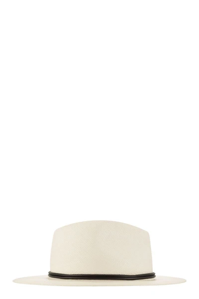 Shop Brunello Cucinelli Straw Fedora With Leather Band And Necklace In White
