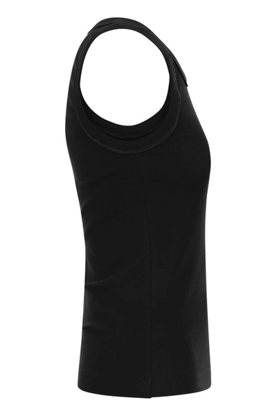 Shop Brunello Cucinelli Stretch Cotton Ribbed Jersey Top With Satin Trims In Black