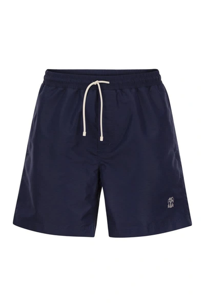 Shop Brunello Cucinelli Swimming Costume With Elastic And Drawstring In Navy Blue
