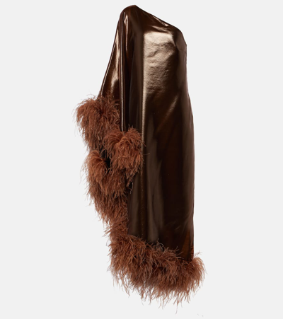 Shop Taller Marmo Ubud Fantasma Feather-trimmed Gown In Brown