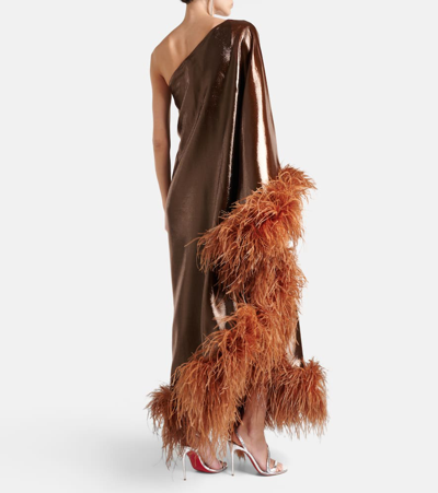 Shop Taller Marmo Ubud Fantasma Feather-trimmed Gown In Brown