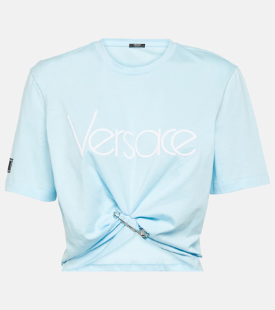 Shop Versace 1978 Re-edition Logo Cotton Crop Top In Pale Blue+bianco