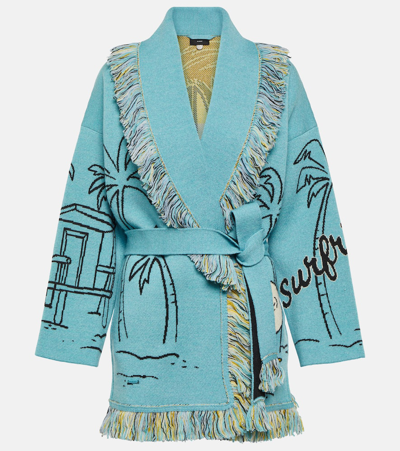 Shop Alanui Perfect Waves Virgin Wool Cardigan In Turquoise